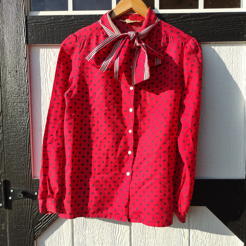 Alfred Dunner Red Bow Tie Neck Button-Up Blouse
